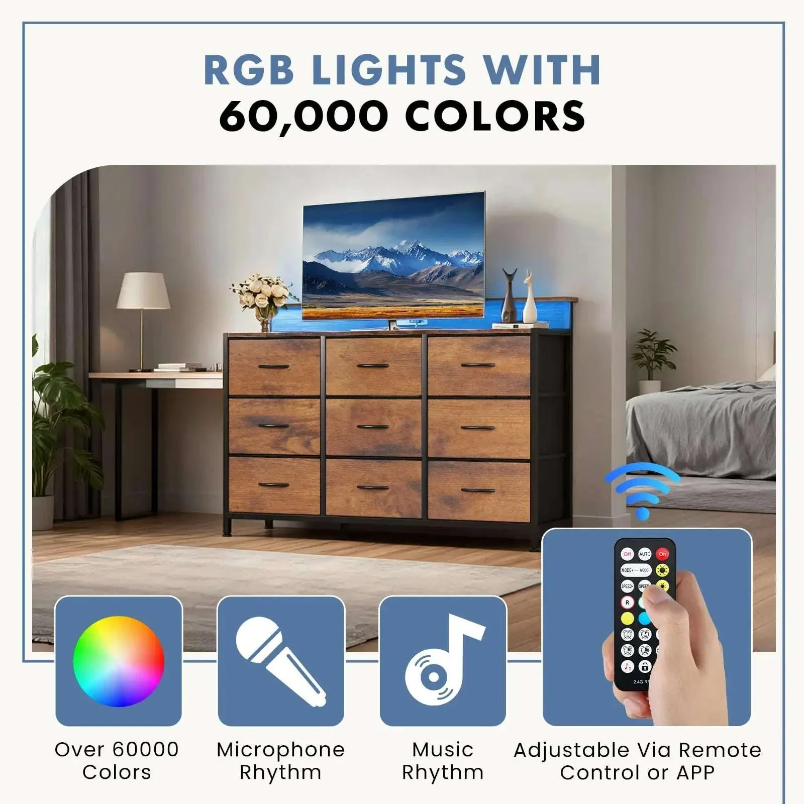 TV Stand Dresser with 9 Drawers, LED Lights & Charging Station - Image 5