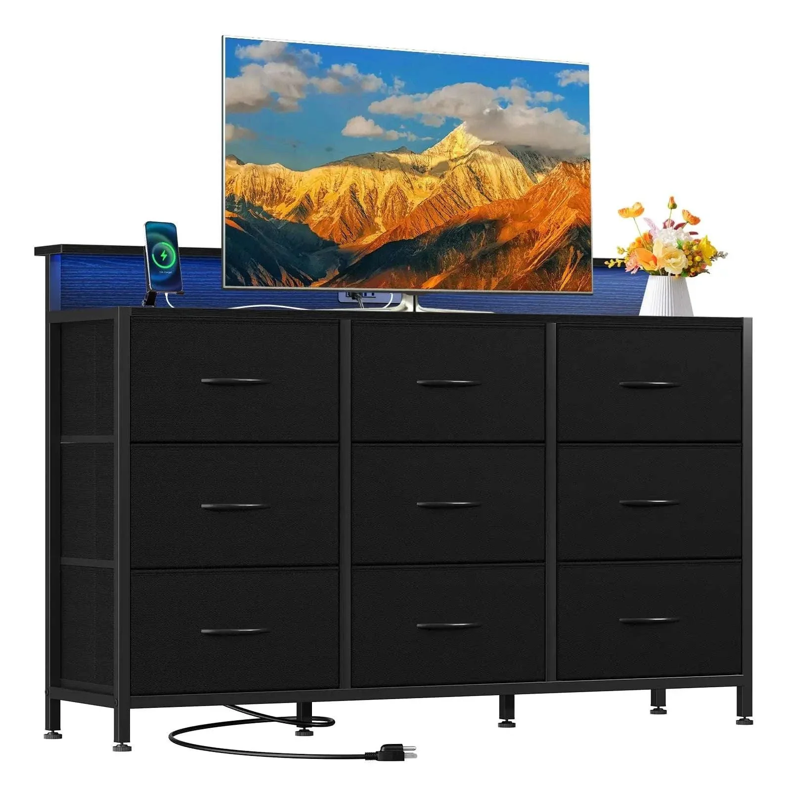 TV Stand Dresser with 9 Drawers, LED Lights & Charging Station - Image 7