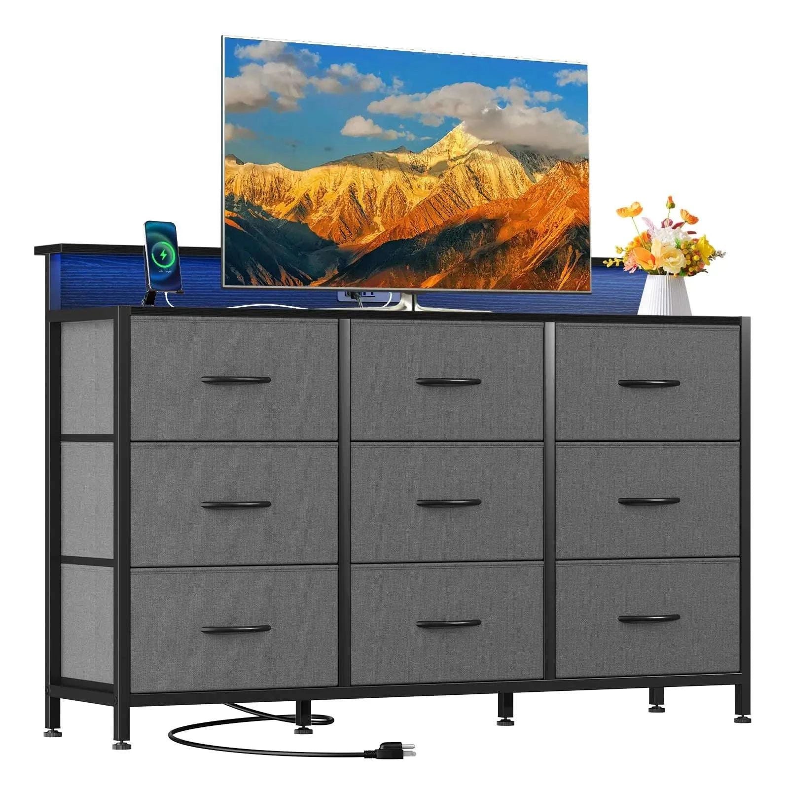 TV Stand Dresser with 9 Drawers, LED Lights & Charging Station - Image 8