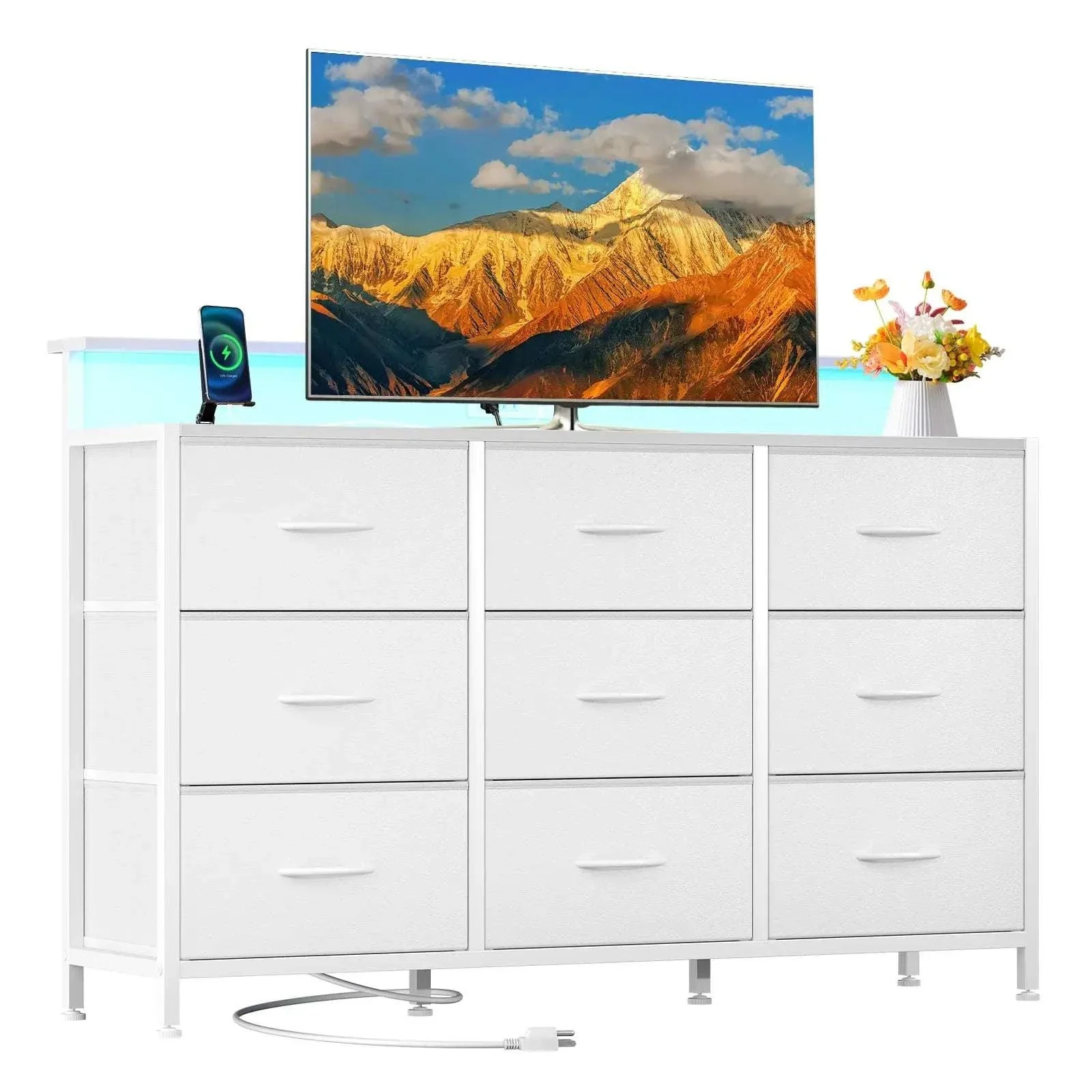 TV Stand Dresser with 9 Drawers, LED Lights & Charging Station - Image 9
