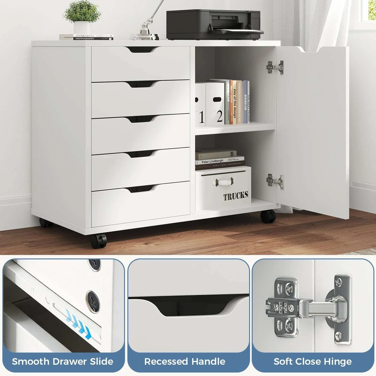 Rolling Wood File Cabinet with 5 Drawers, Shelves & Lockable Wheels - Image 5