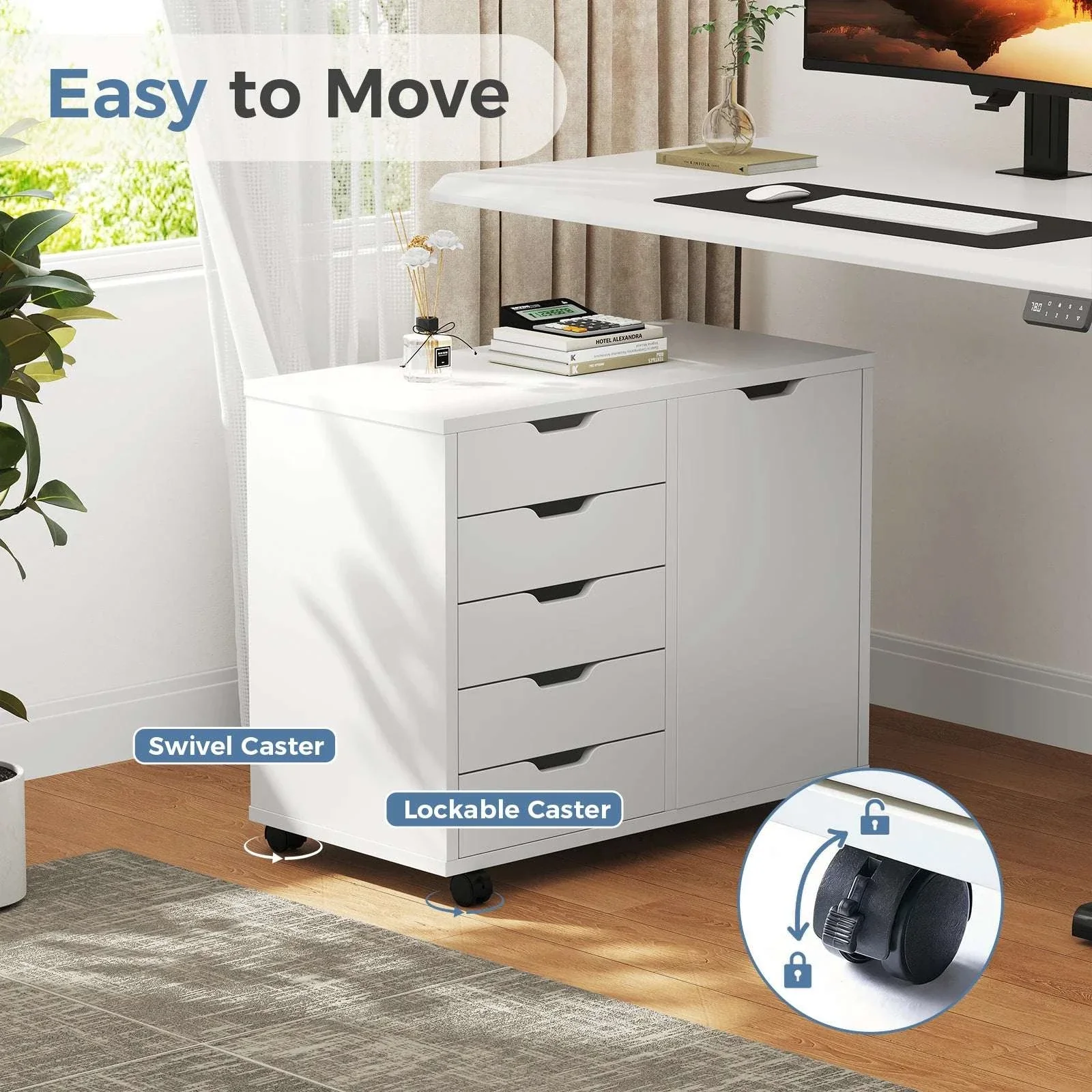 Rolling Wood File Cabinet with 5 Drawers, Shelves & Lockable Wheels - Image 6