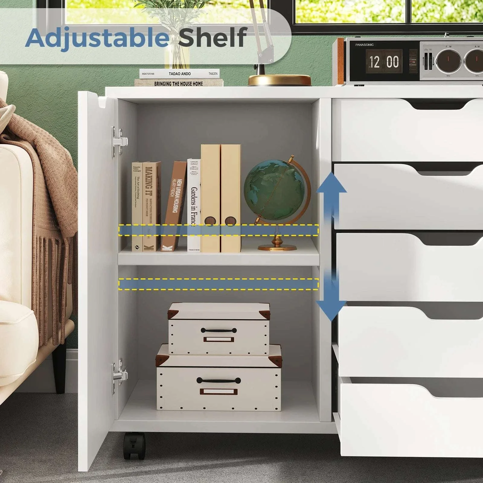 Rolling Wood File Cabinet with 5 Drawers, Shelves & Lockable Wheels - Image 7