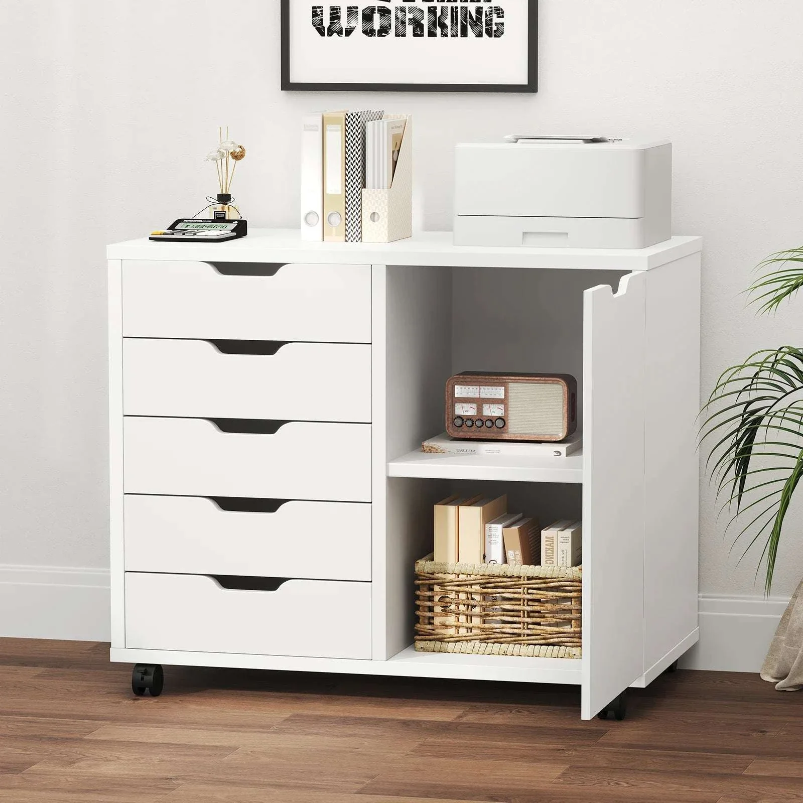 Rolling Wood File Cabinet with 5 Drawers, Shelves & Lockable Wheels - Image 8