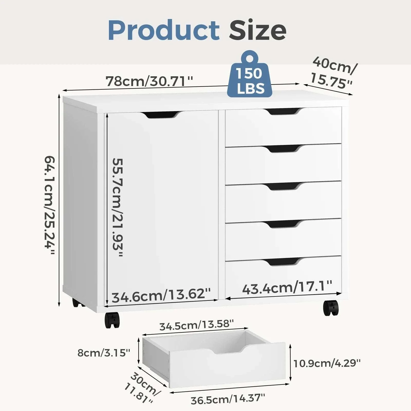 Rolling Wood File Cabinet with 5 Drawers, Shelves & Lockable Wheels - Image 9