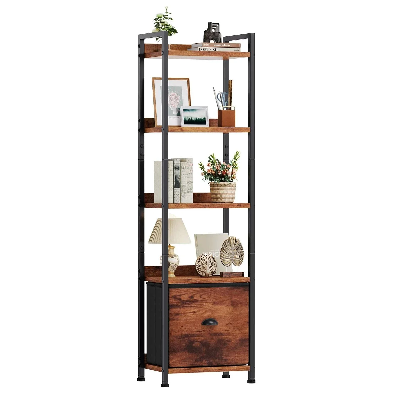 5 Tier Wood Bookshelf with Fabric Drawer Storage Organizer Shelf - Image 6