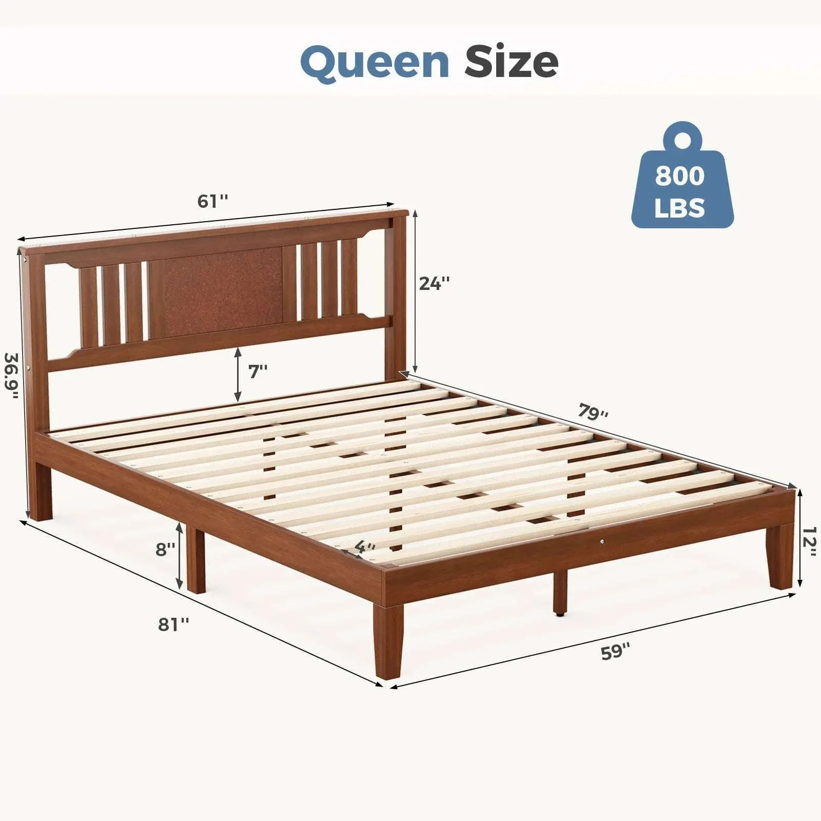 Solid Wood Platform Bed Frame with Headboard and Under-Bed Storage - Image 8