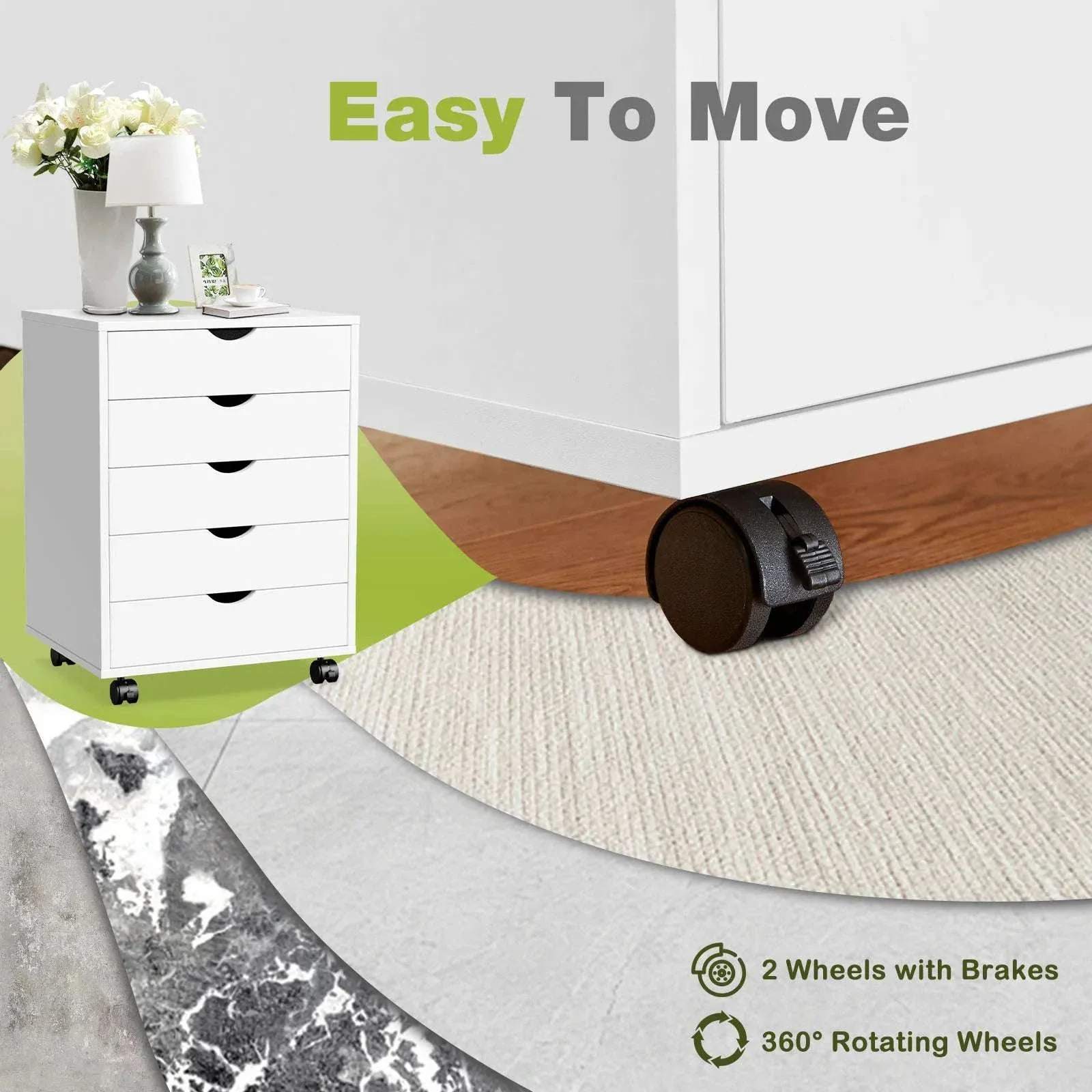 5 Drawer Rolling Nightstand Cabinet with Waterproof Top Surface - Image 14