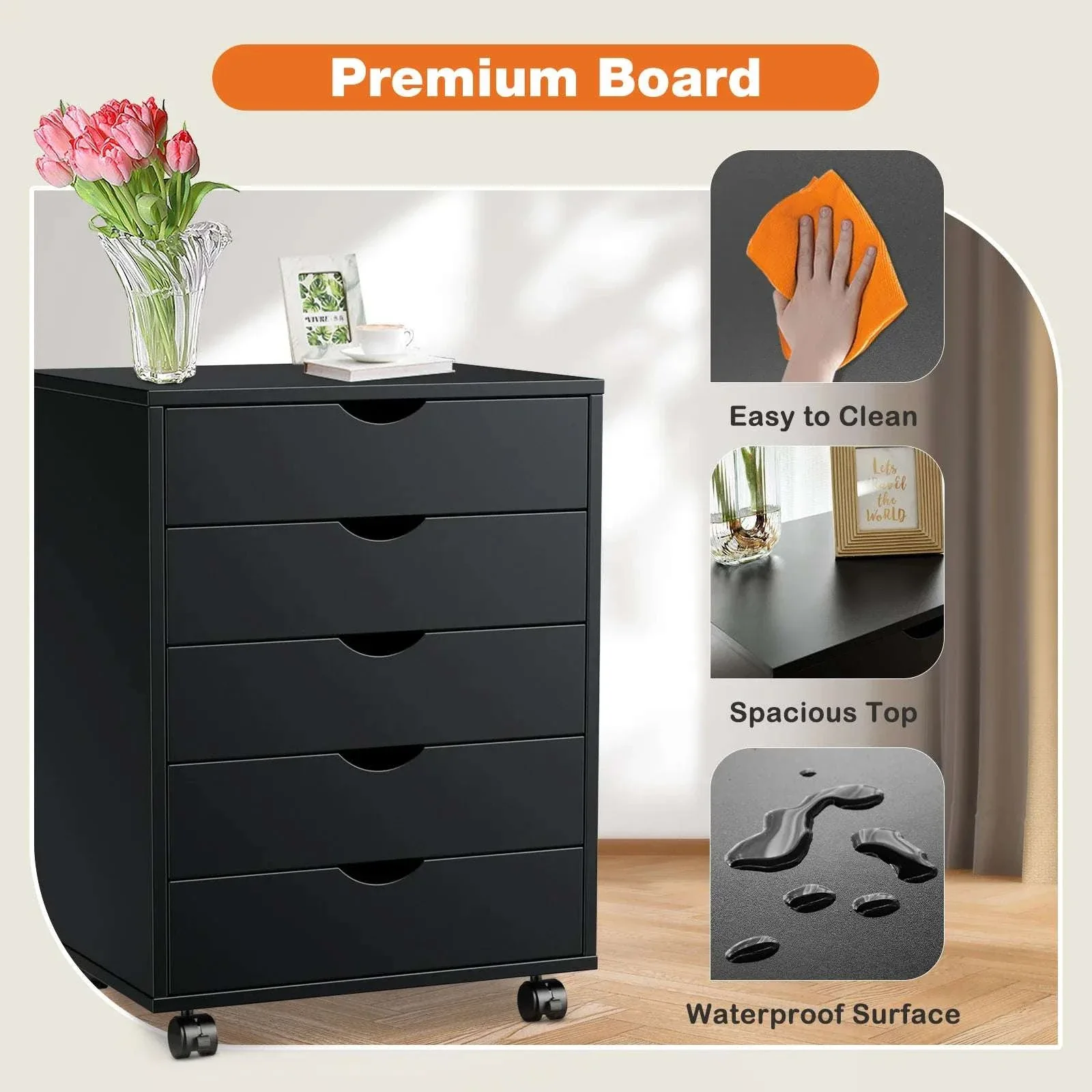 5 Drawer Rolling Nightstand Cabinet with Waterproof Top Surface - Image 5