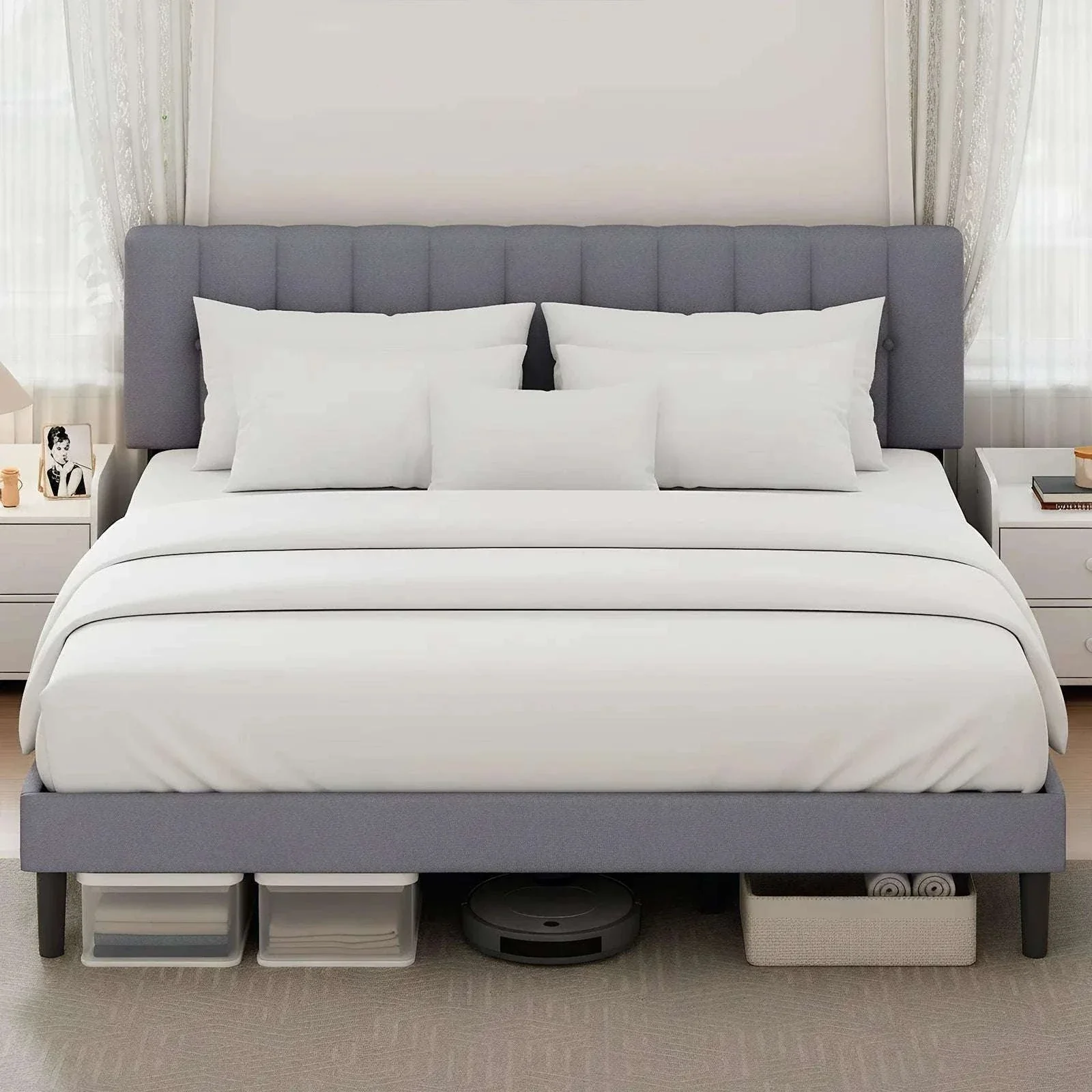 Wooden Upholstered Bed Frame with Adjustable Headboard, No Box Spring