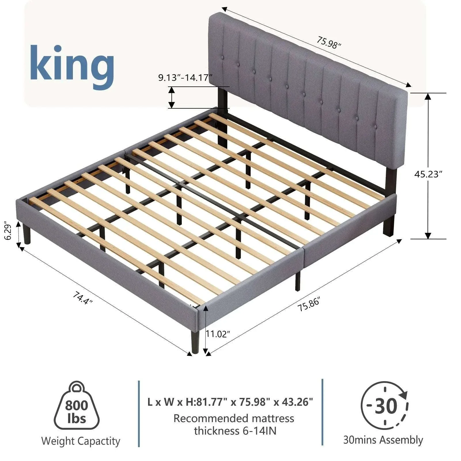 Wooden Upholstered Bed Frame with Adjustable Headboard, No Box Spring - Image 6
