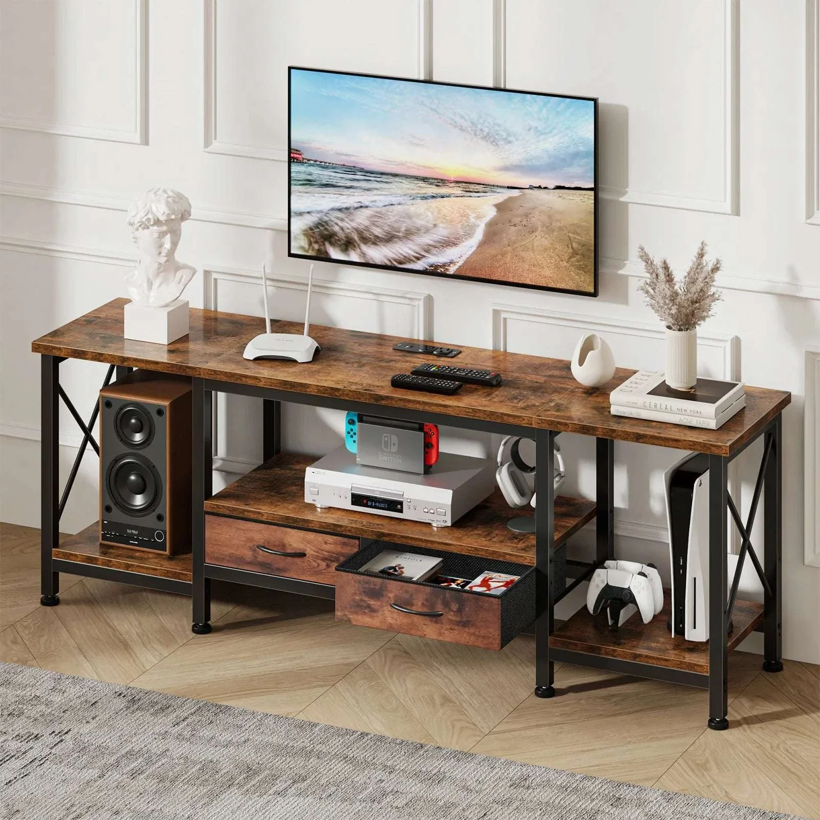 Wooden TV Stand with Charging Station for Up to 75 Inch TVs
