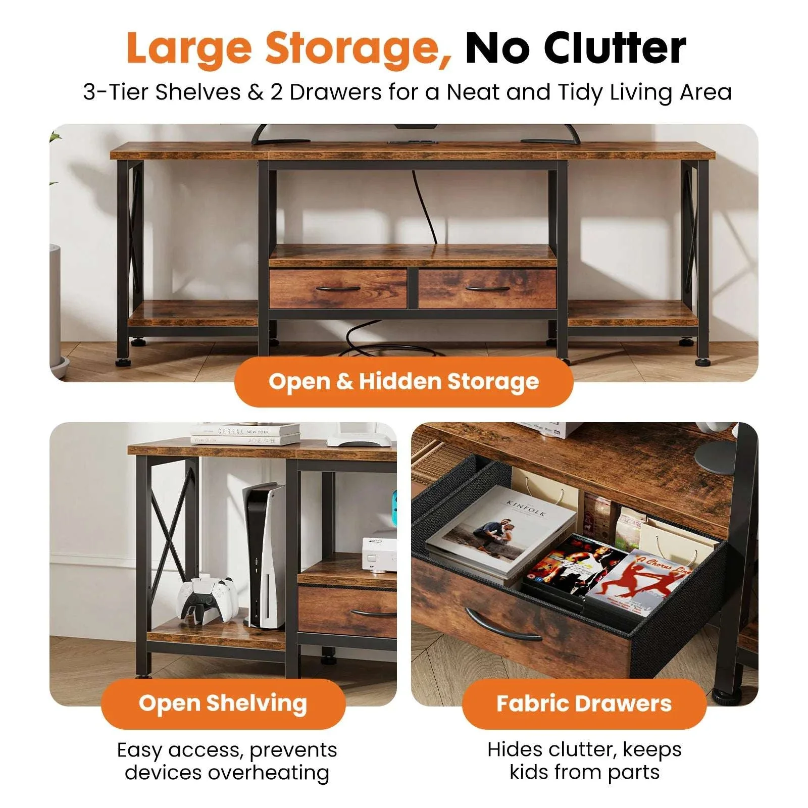 Wooden TV Stand with Charging Station for Up to 75 Inch TVs - Image 3