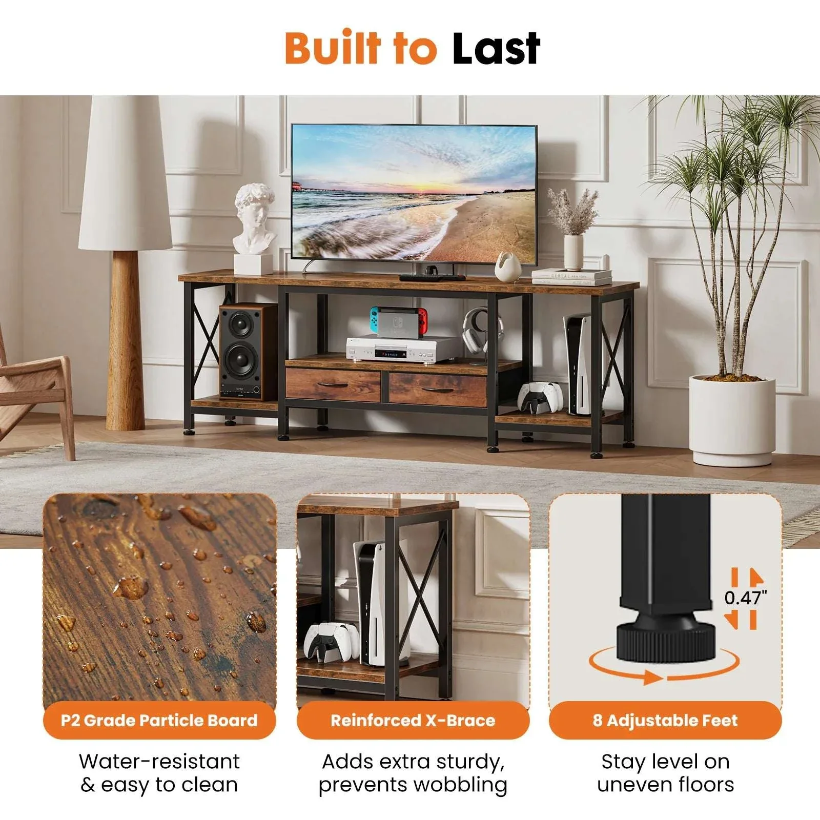 Wooden TV Stand with Charging Station for Up to 75 Inch TVs - Image 4