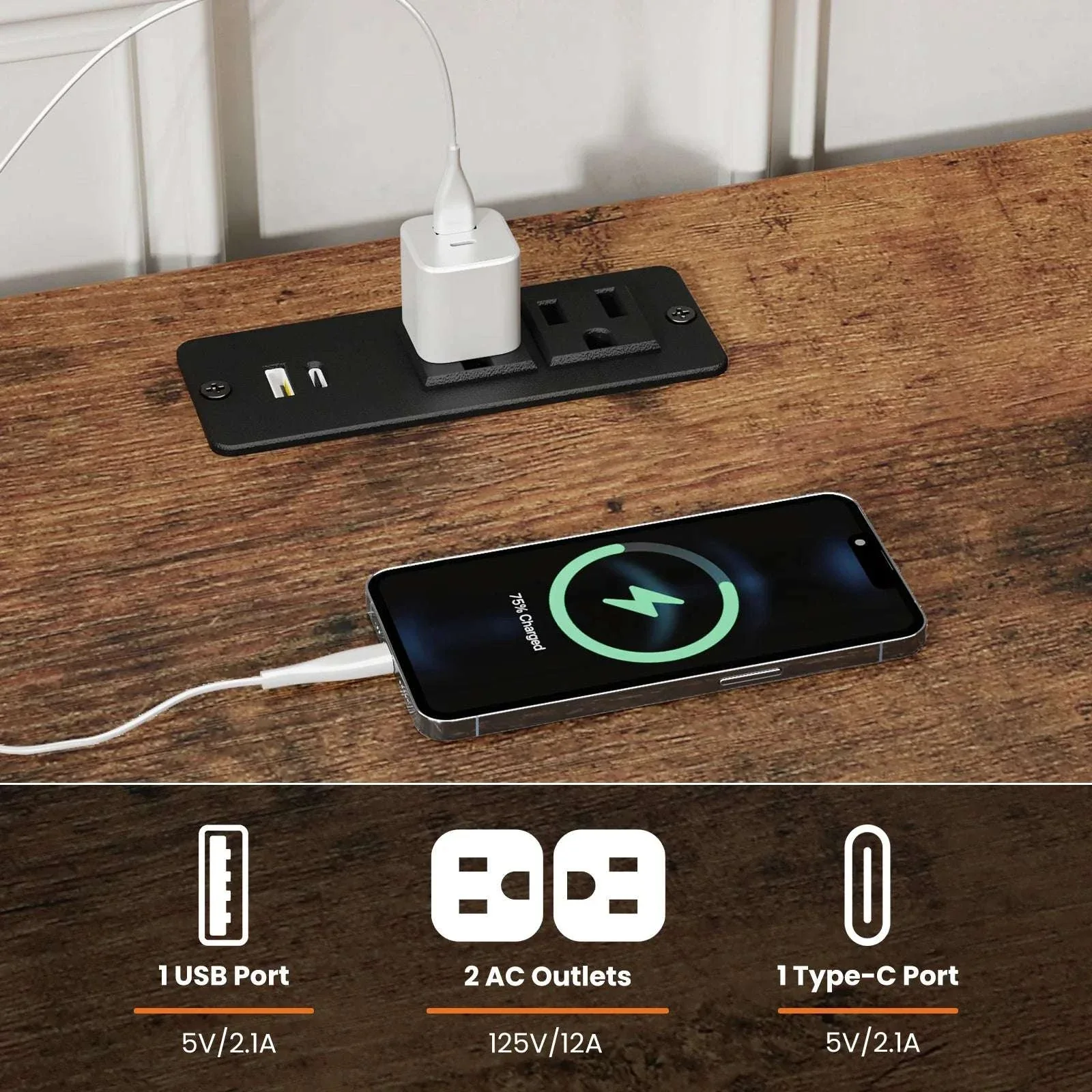 Wooden TV Stand with Charging Station for Up to 75 Inch TVs - Image 5