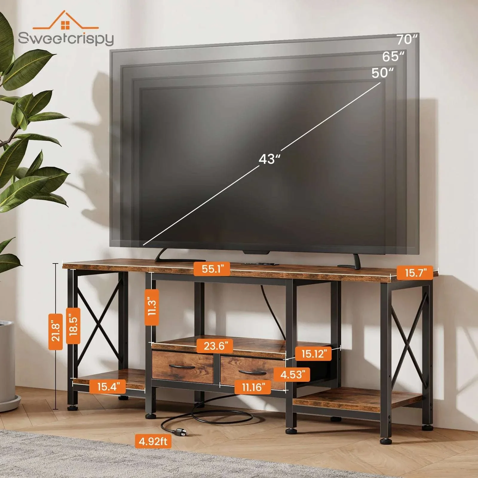 Wooden TV Stand with Charging Station for Up to 75 Inch TVs - Image 9