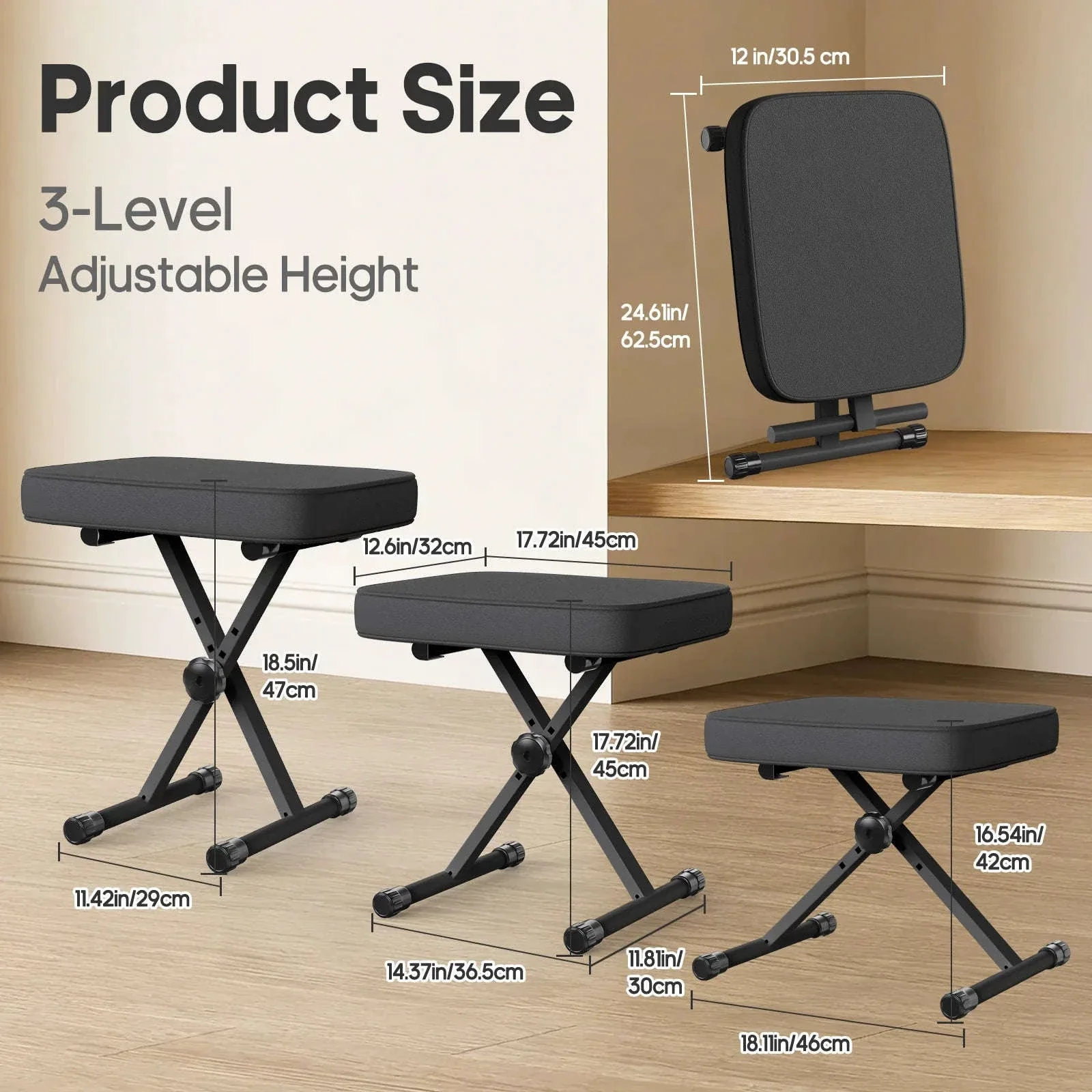 Adjustable Folding Piano & Guitar Stool with Cushioned Seat - Image 8