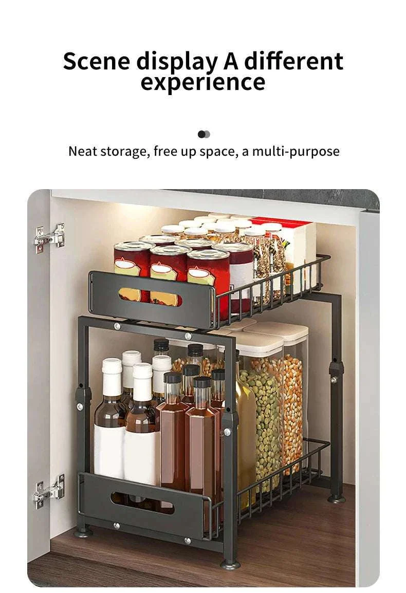 Adjustable Pull-Out Under Sink Organizer Double Layer Steel Rack - Image 11