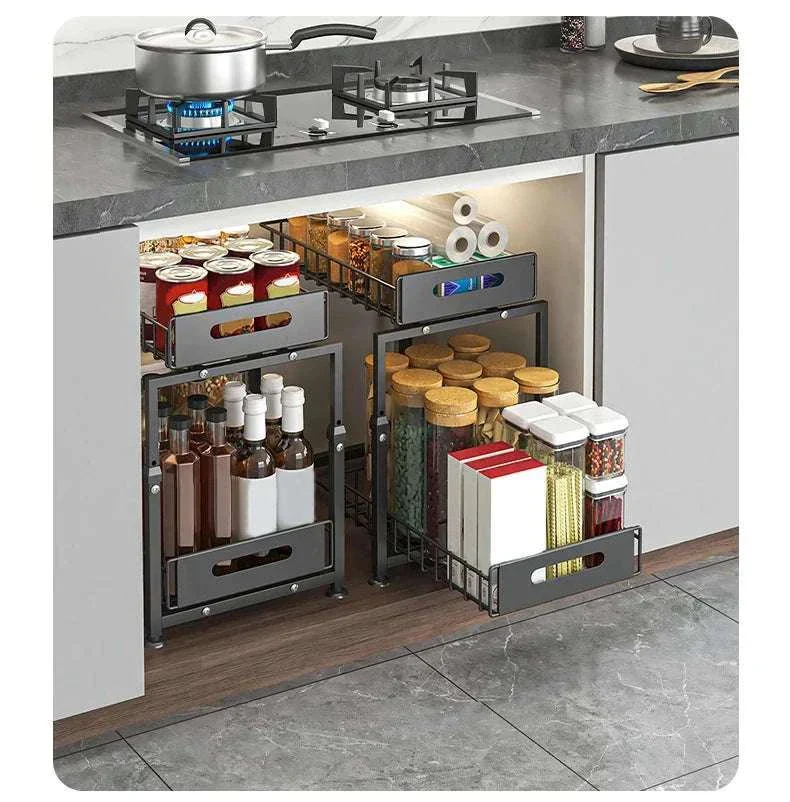 Adjustable Pull-Out Under Sink Organizer Double Layer Steel Rack - Image 12