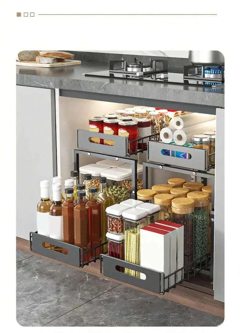 Adjustable Pull-Out Under Sink Organizer Double Layer Steel Rack - Image 14