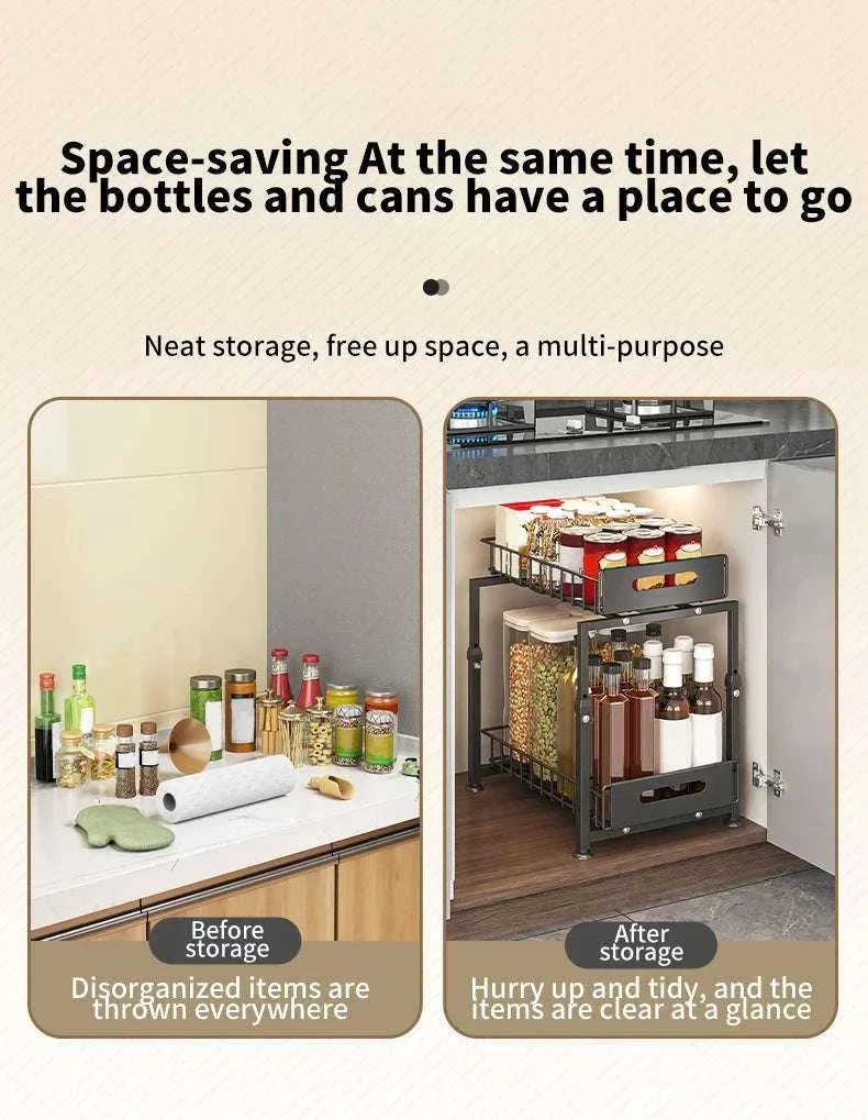 Adjustable Pull-Out Under Sink Organizer Double Layer Steel Rack - Image 16