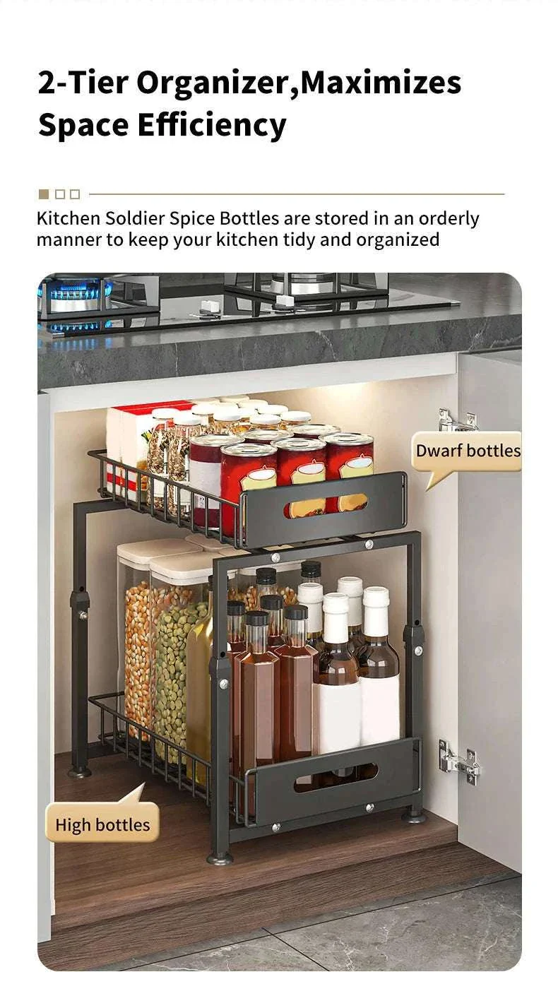 Adjustable Pull-Out Under Sink Organizer Double Layer Steel Rack - Image 17
