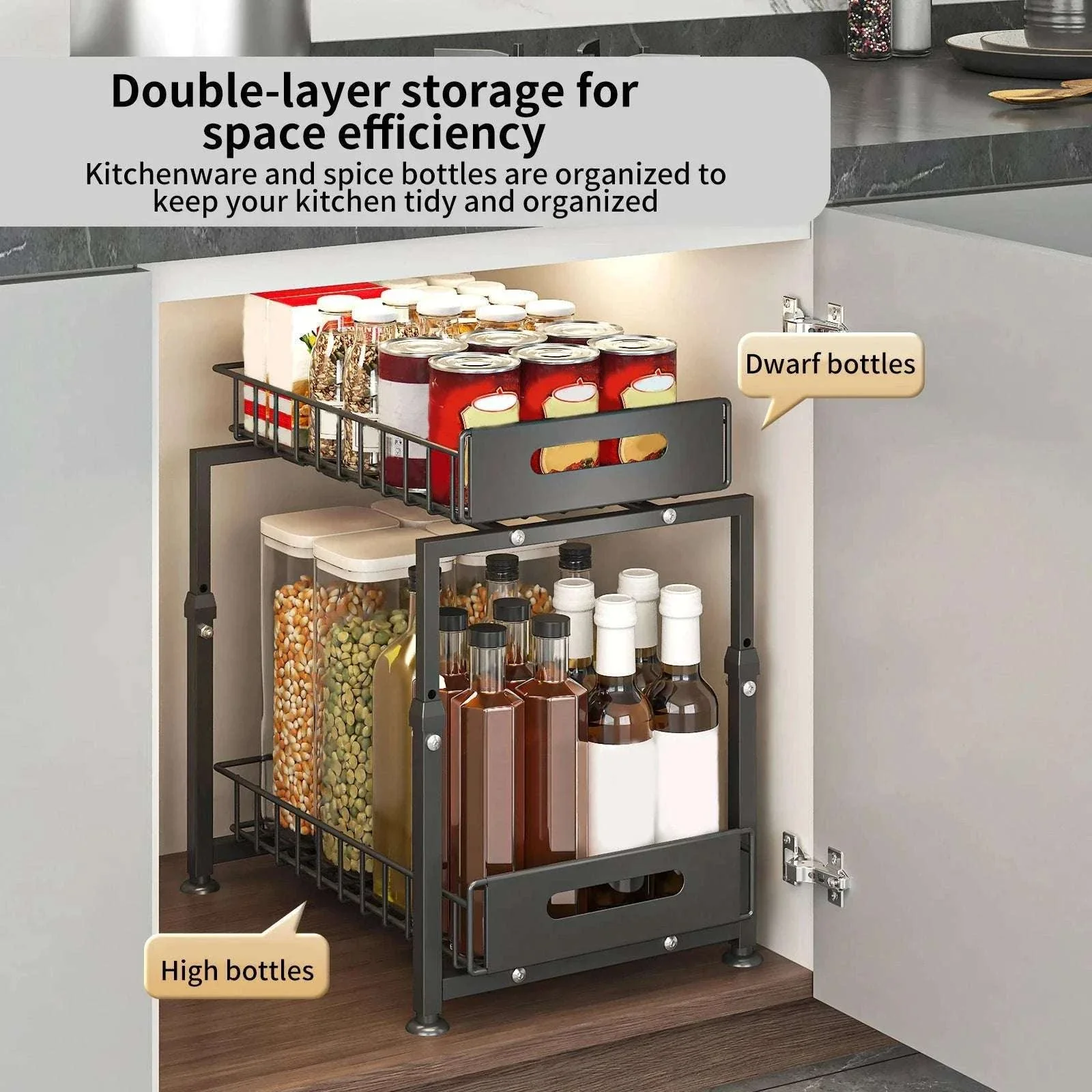 Adjustable Pull-Out Under Sink Organizer Double Layer Steel Rack - Image 4
