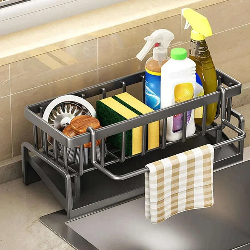 Kitchen Sink Organizer with Tilted Drain Tray Steel Storage Rack 23×9×10cm