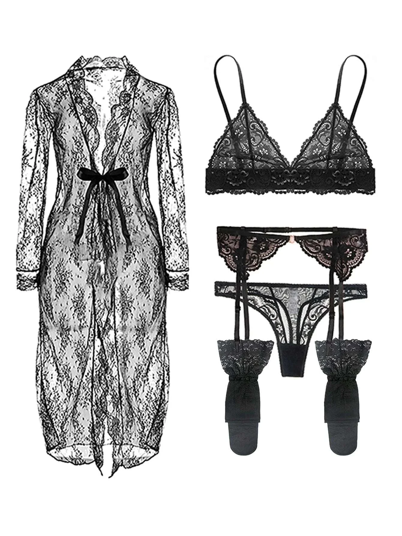 Lace Lingerie Set for Women with Bra, Panty, Garter & Stockings - Image 8