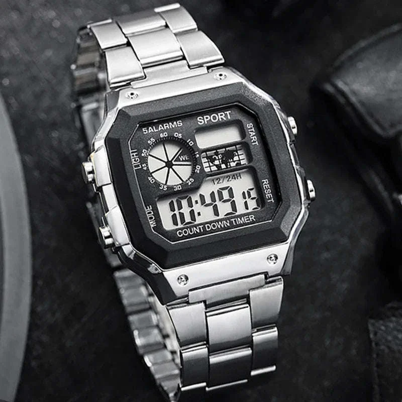 Men's Digital Watch with Stainless Steel Strap and LED Display - Image 2