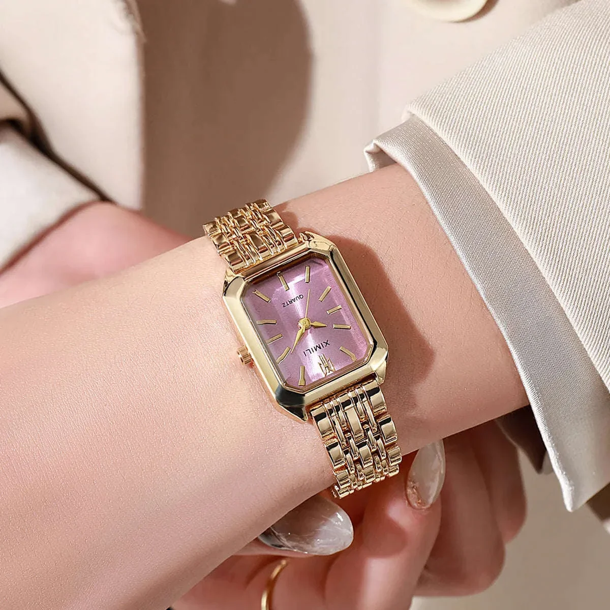 Luxury Quartz Watch with Rhinestone Detail and Rectangular Dial - Image 10