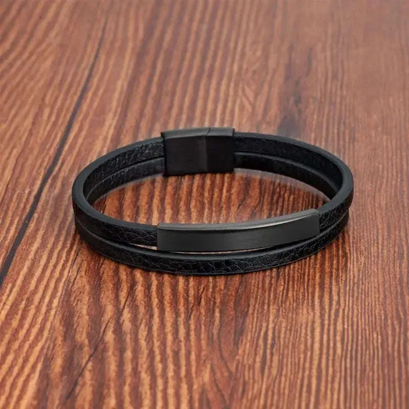 Men's Black Genuine Leather Double-Layer Braided Bracelet - Image 11