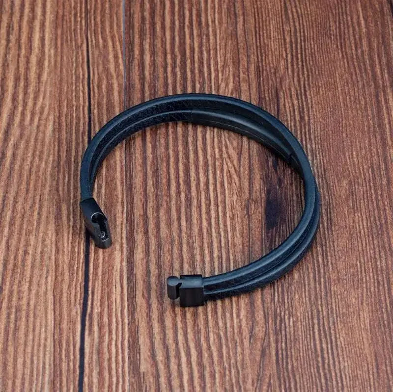 Men's Black Genuine Leather Double-Layer Braided Bracelet - Image 12