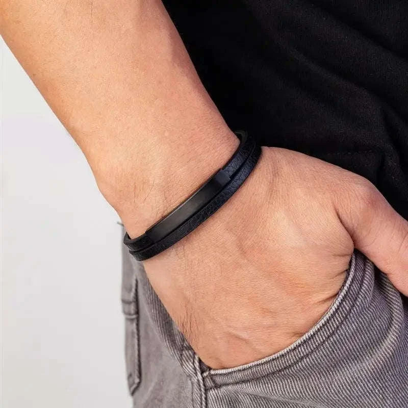 Men's Black Genuine Leather Double-Layer Braided Bracelet - Image 14