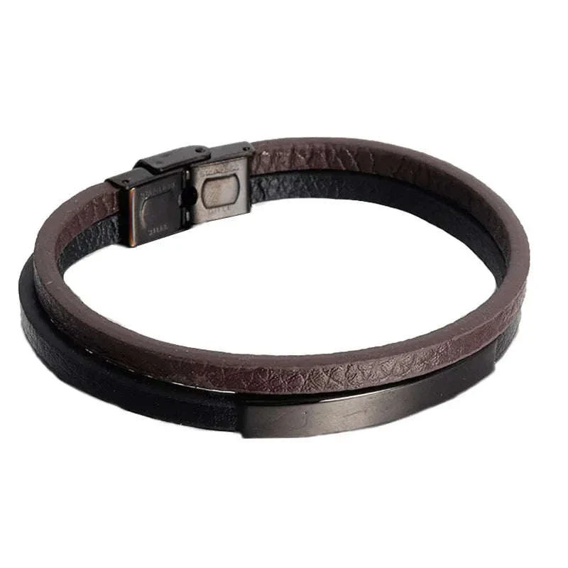 Men's Black Genuine Leather Double-Layer Braided Bracelet - Image 16