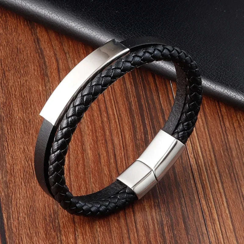 Men's Black Genuine Leather Double-Layer Braided Bracelet - Image 17