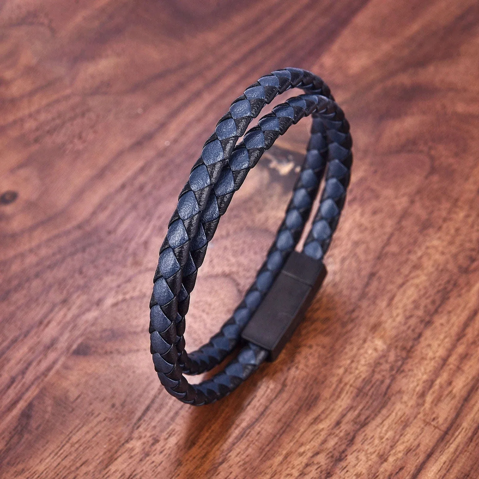 Men's Black Genuine Leather Double-Layer Braided Bracelet - Image 18