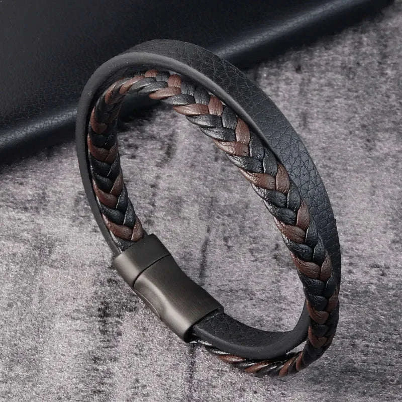 Men's Black Genuine Leather Double-Layer Braided Bracelet - Image 19