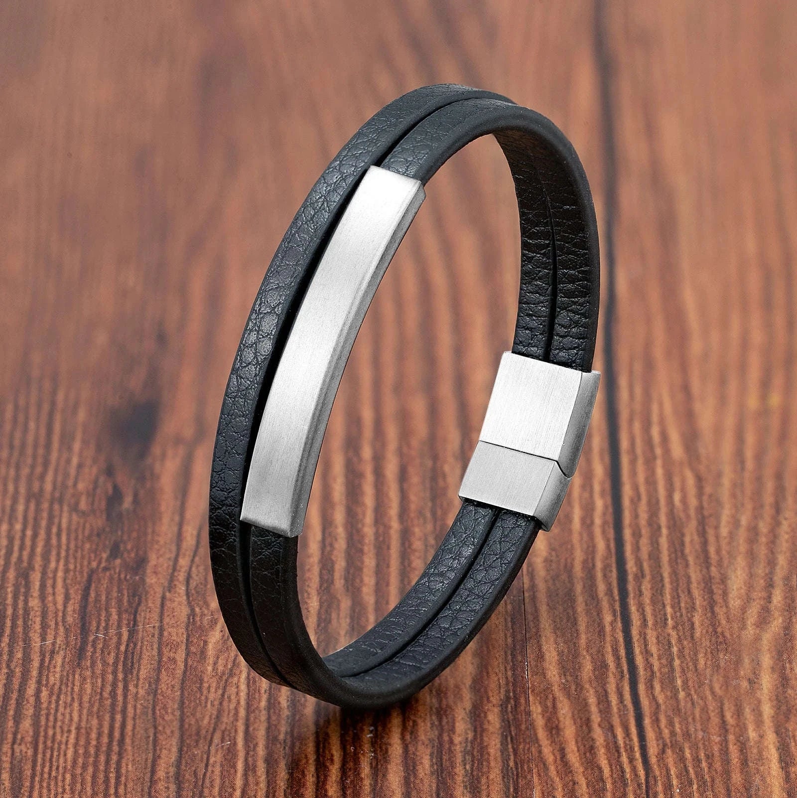 Men's Black Genuine Leather Double-Layer Braided Bracelet - Image 20