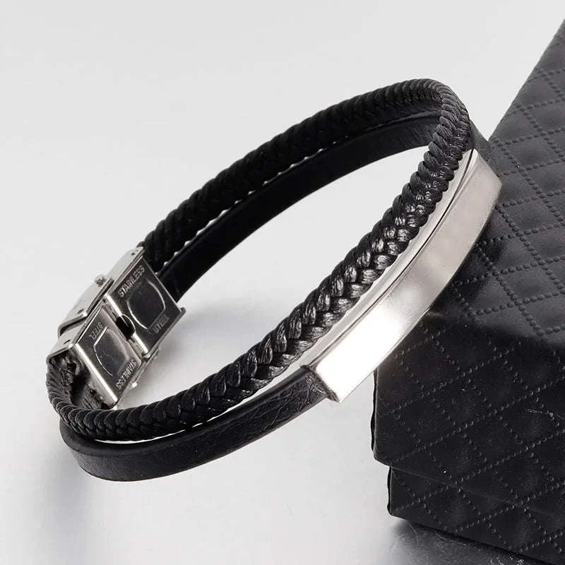 Men's Black Genuine Leather Double-Layer Braided Bracelet - Image 21