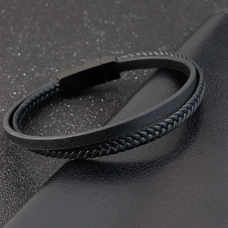 Men's Black Genuine Leather Double-Layer Braided Bracelet - Image 22
