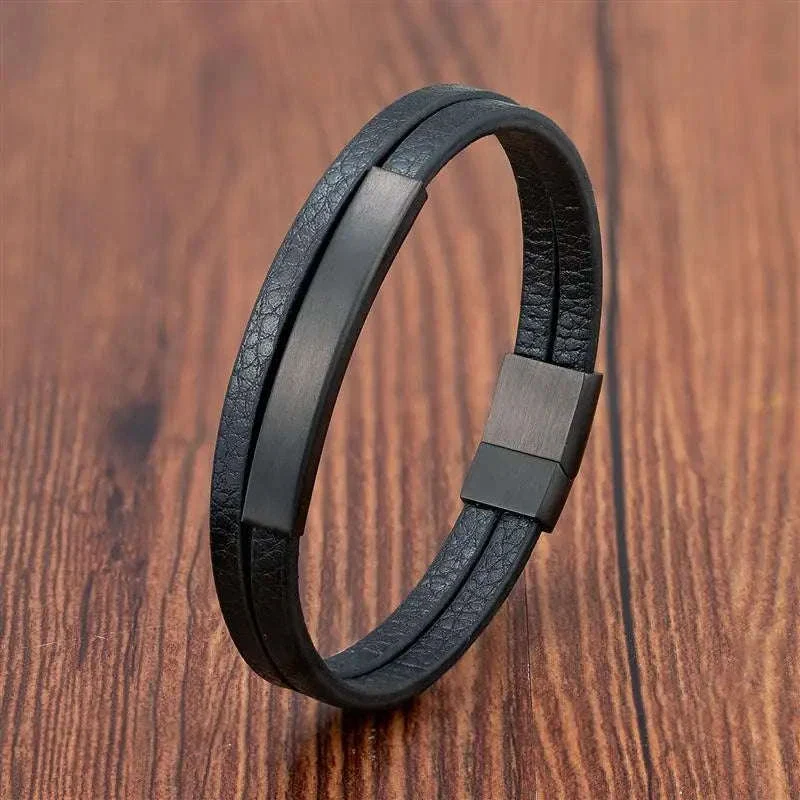 Men's Black Genuine Leather Double-Layer Braided Bracelet - Image 23