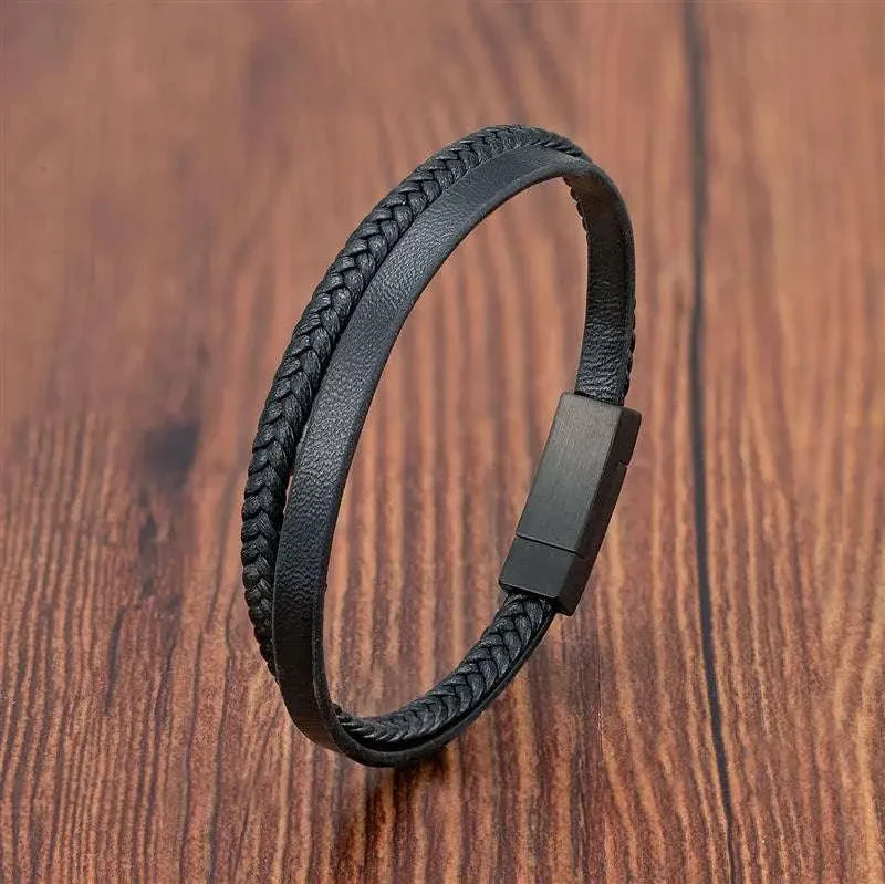 Men's Black Genuine Leather Double-Layer Braided Bracelet - Image 24