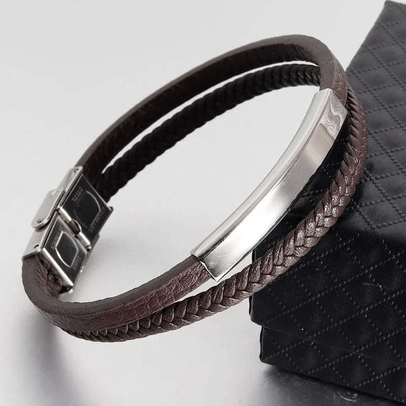 Men's Black Genuine Leather Double-Layer Braided Bracelet - Image 25