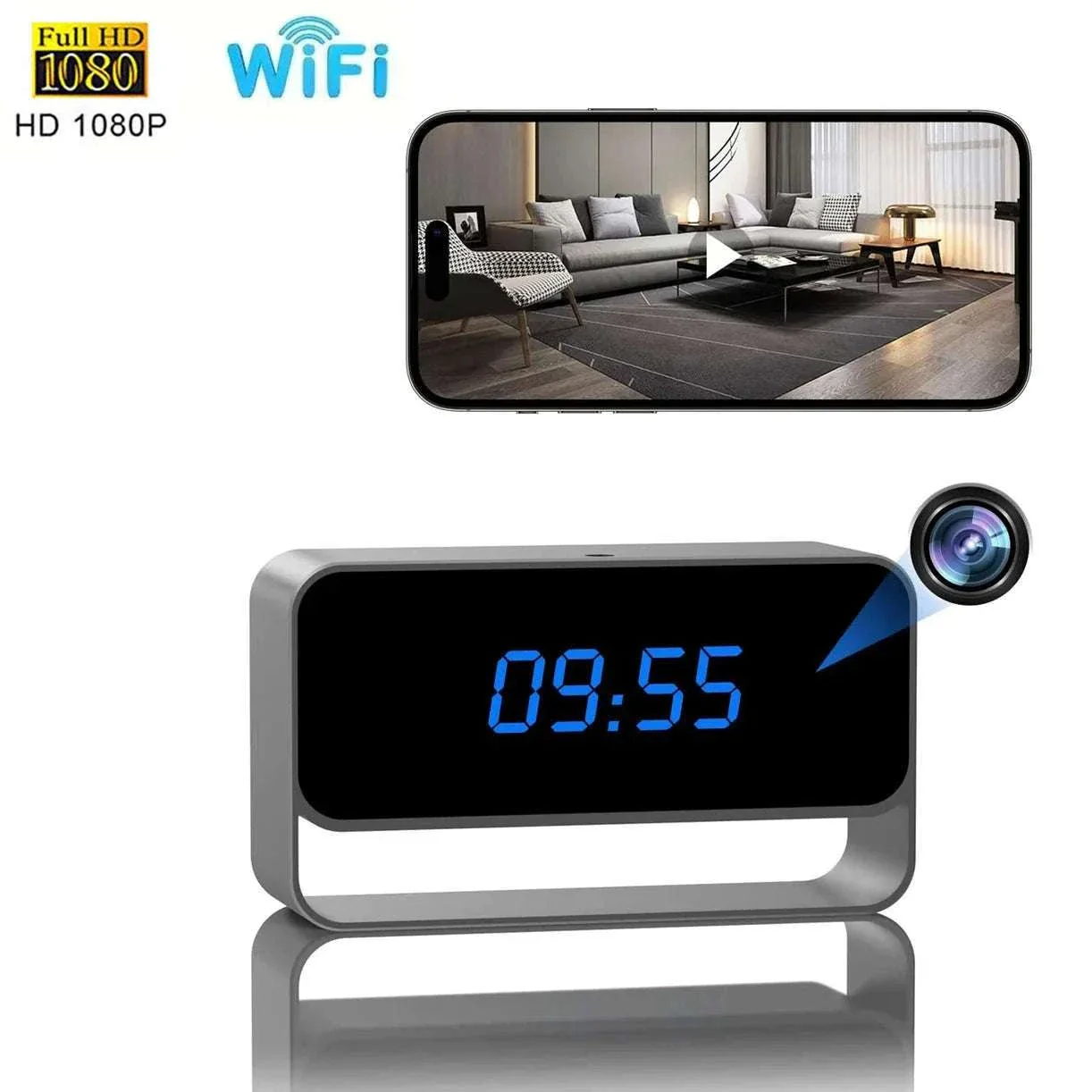 Mini 1080P WiFi Camera Clock with Night Vision Alerts