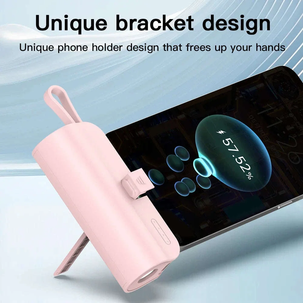 Mini 5000mAh Power Bank with Built-In Cable, LED Light & Stand - Image 4