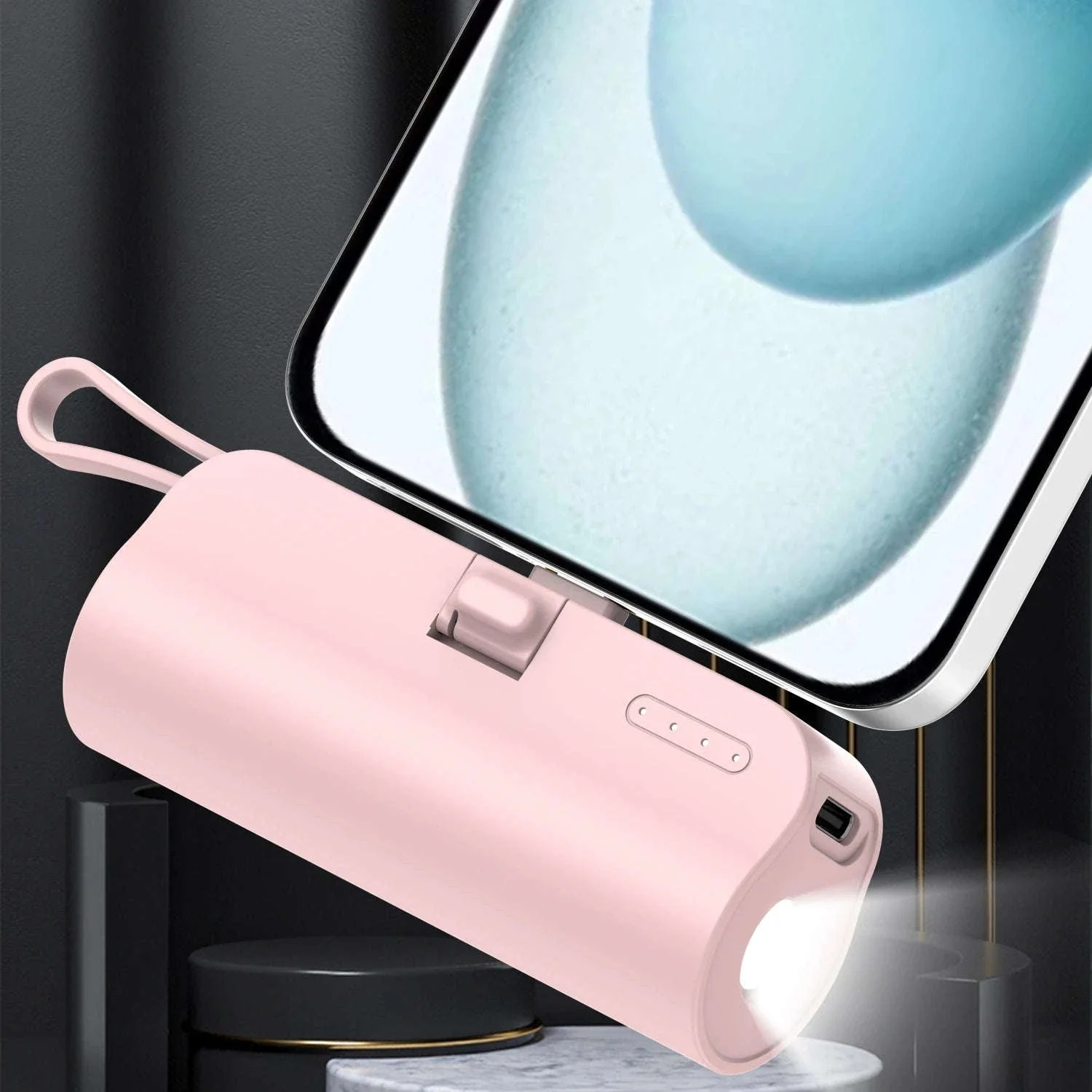 Mini 5000mAh Power Bank with Built-In Cable, LED Light & Stand - Image 8