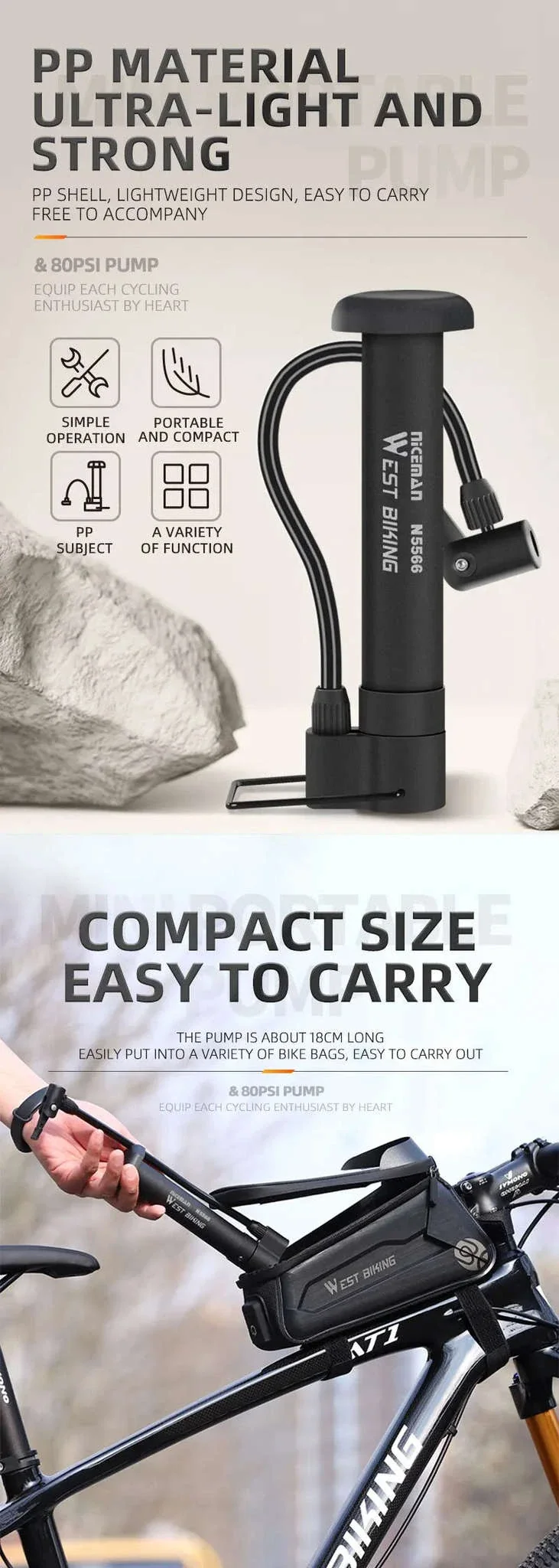 MTB Bicycle Pump 80 PSI Manual Floor Inflator - Image 10