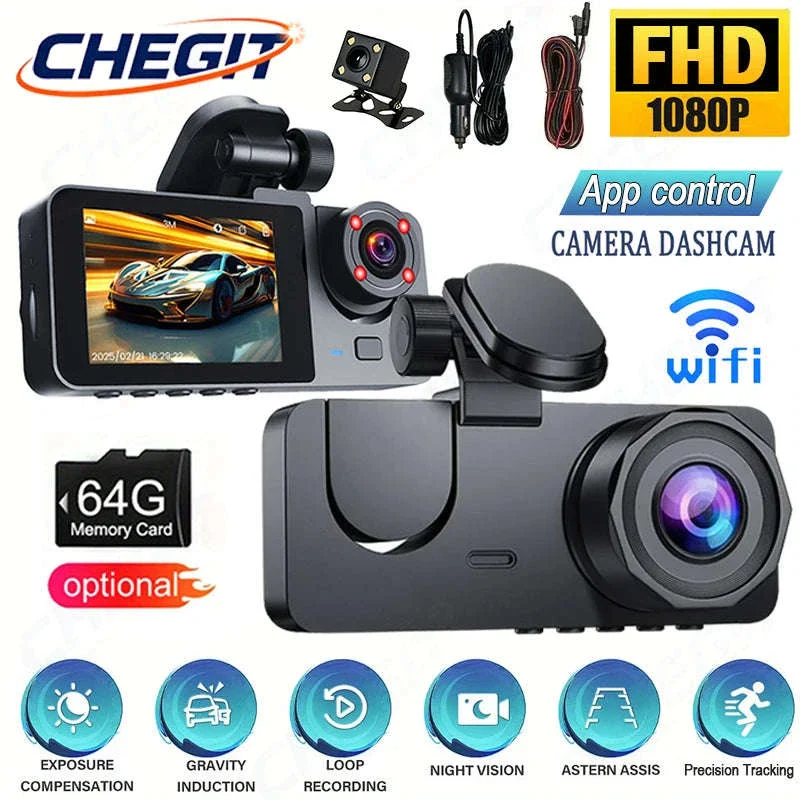 1080P WiFi Dash Cam with 3 Cameras, Night Vision & Parking Monitor
