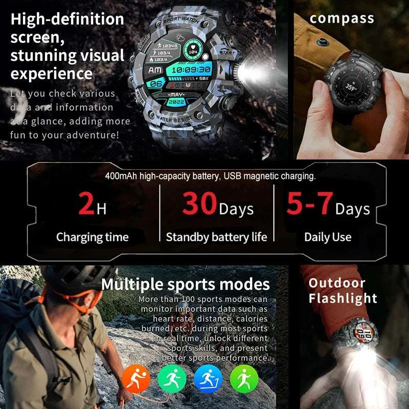 Military Outdoor Smart Watch with Bluetooth Call & 100+ Sports Modes - Image 2
